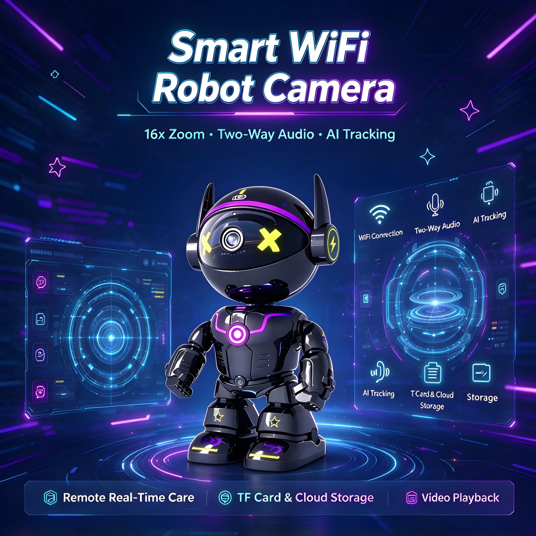Smart Robot Camera 4K WiFi PTZ with AI Motion Tracking Night Vision Cloud Storage 16x Zoom Two-Way Audio Home Security Monitor