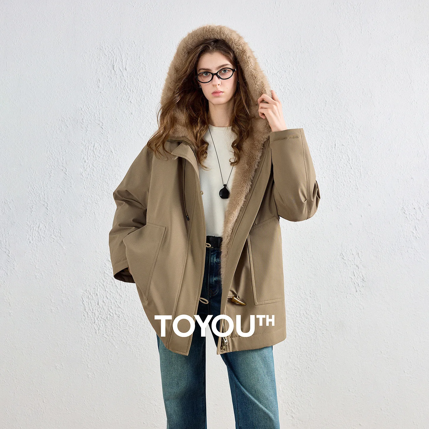 TOYOUTH Women Down Jacket 2026 Winter New Fluoride Free Water Repellent Plush Hood Horn Button Parka Coat