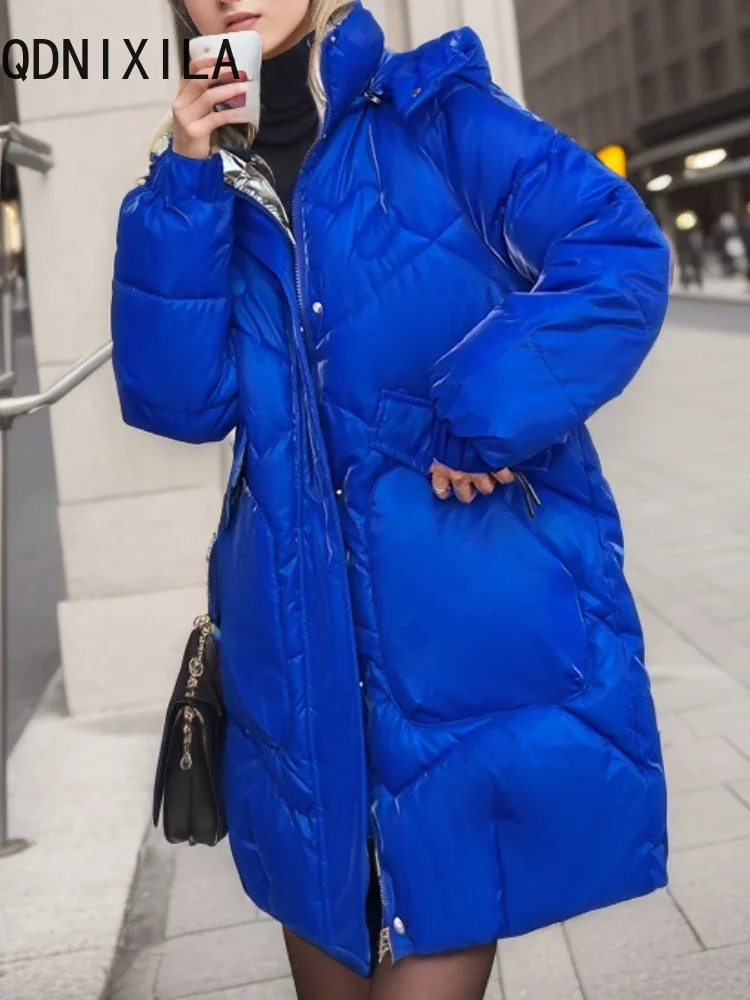 Doudoune mi-longue à capuche en Y pour femme, manteau noir chaud, parka brillante, vestes décontractées pour femme, mode coréenne, nouveau, 2024