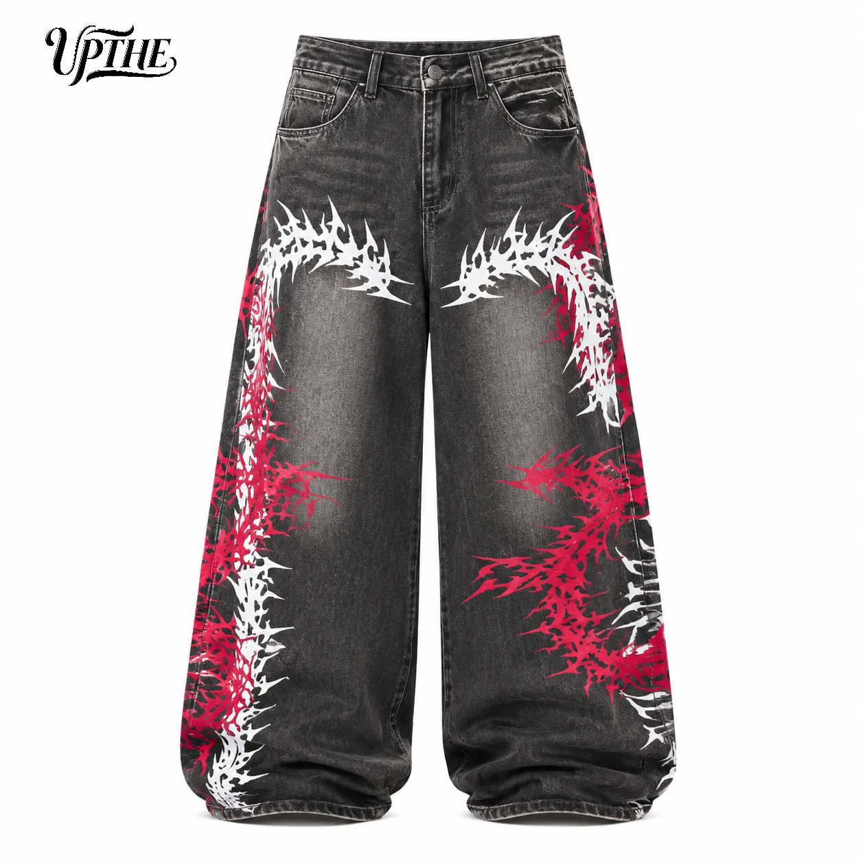 UP.THE Men Baggy Wide Leg Jeans, Vintage Washed Black Gray Denim Pants, Y2K Oversized Loose Centipede Skeleton Print Streetwear Jeans for Daily Casual Hip Hop Outfits