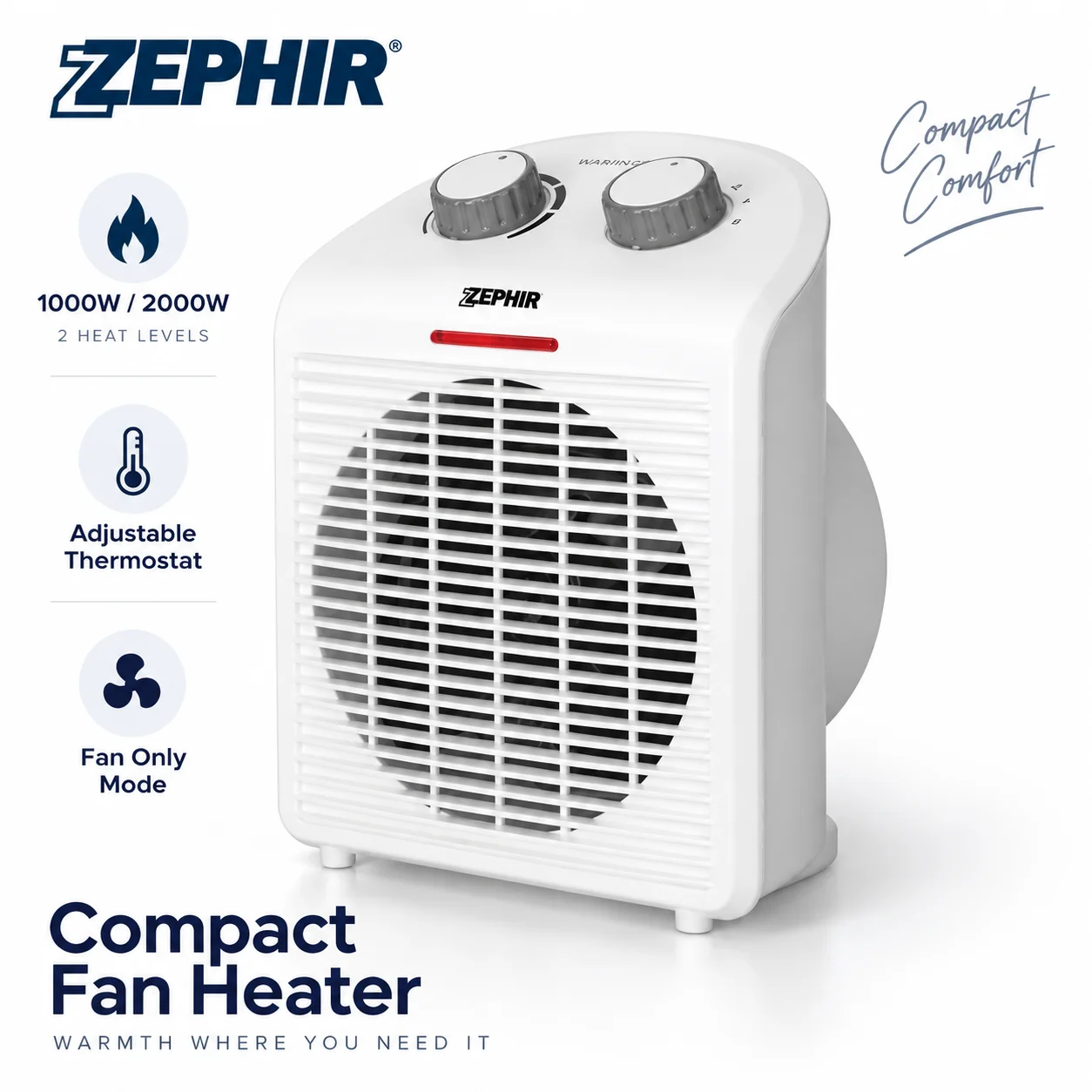 Zephir ZTRM5: termoventilatore portatile da 2000 W, riscaldatore elettrico per ambienti con termostato regolabile, 2 livelli di riscaldamento, modalit