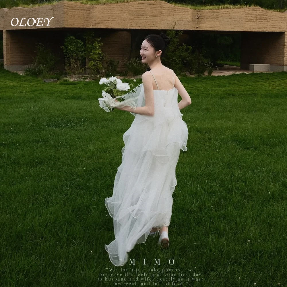 OLOEY Ivory Sleeveless 2025 New A Line Wedding Dress Korea Photoshoot Customized Layered Tulle Bridal Gown Spaghetti Strap Pure