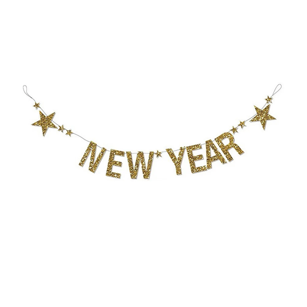 

Happy New Year Banner Gold Glitter Star Letter Bunting Party Decoration Home Office Garden New Year Party Decorations