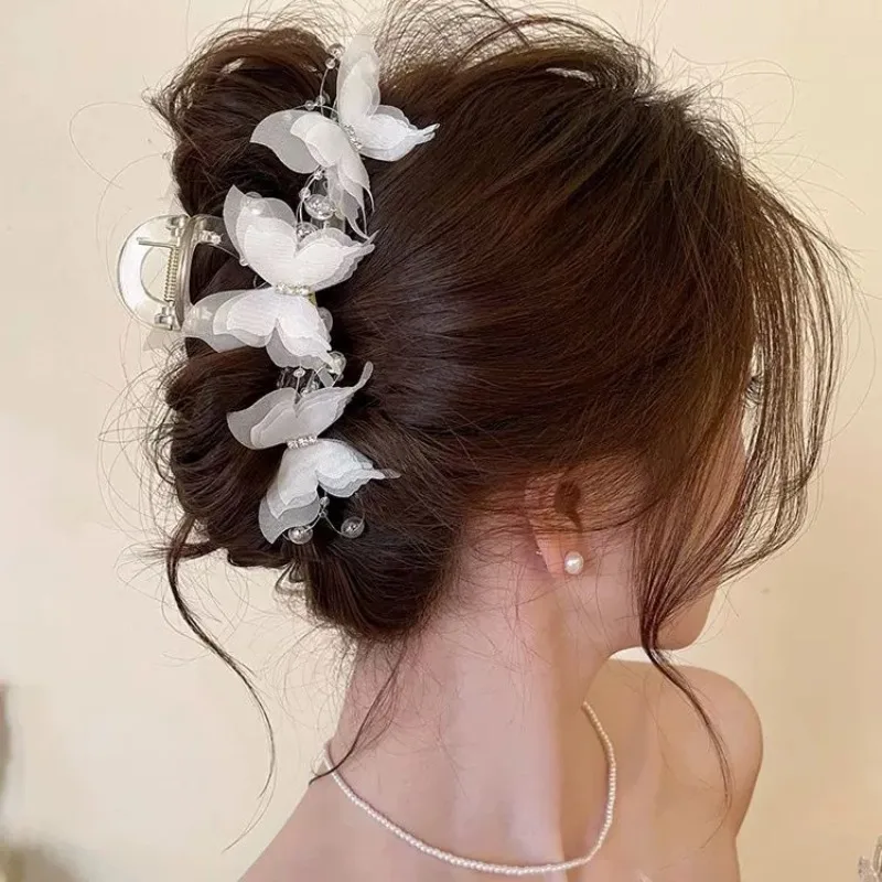 

Light Blue/Pink Sheer Butterfly Claw Clip | Pearl Rhinestone Fairycore Hair Grabber | Elegant Romantic Hair Accessory