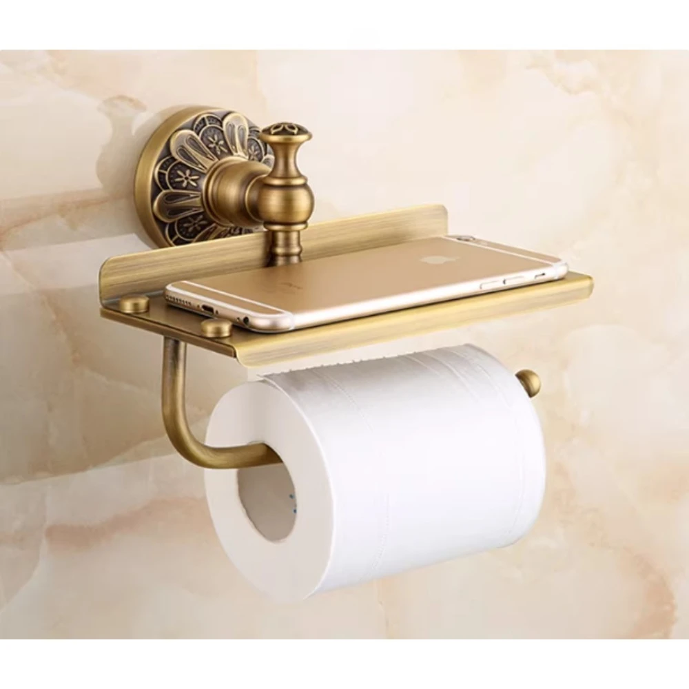 

Brushed gold toilet paper holder, wall-mounted, antique brass, with mobile phone storage toilet paper holder