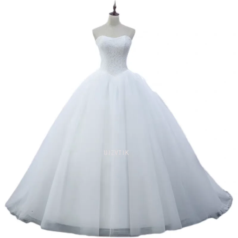 Elegant Simple Classic Ball Gown Strapless Sleeveless Wedding Dress Customized Fashion Lace Sweetheart With Train Bridal Gown