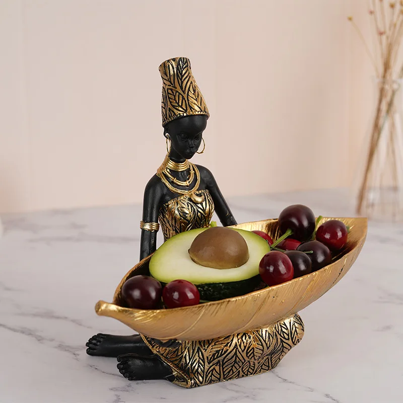 African Woman Figurine Storage Tray Decorative Resin Leaf Organizer Box Ethnics Feature Ornament Home Daily Houseware Craft