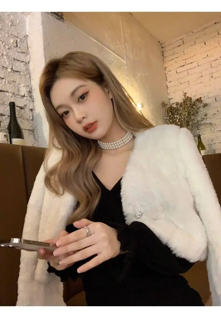 Chic V Neck Cropped Faux Rabbit Fur Jacket Women Elegant Single Button Plush Coats Woman Autumn Winter Fluffy Fleece Outerwear