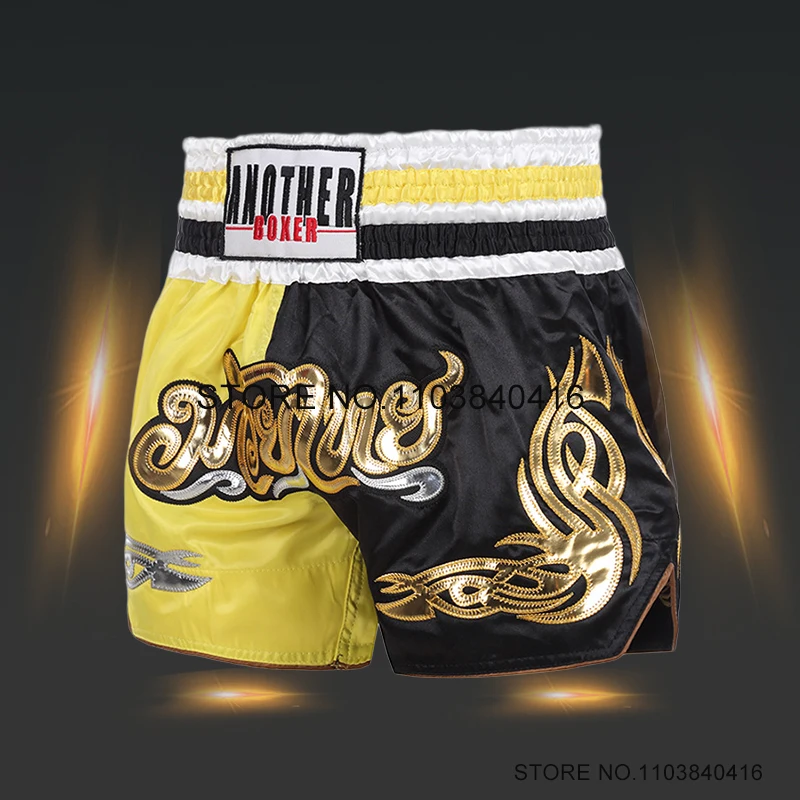 

Muay Thai Boxing Shorts Vintage Martial Arts MMA Shorts Gold Embroideries Satin Gym Training Kickboxing Pants Men Women Kids