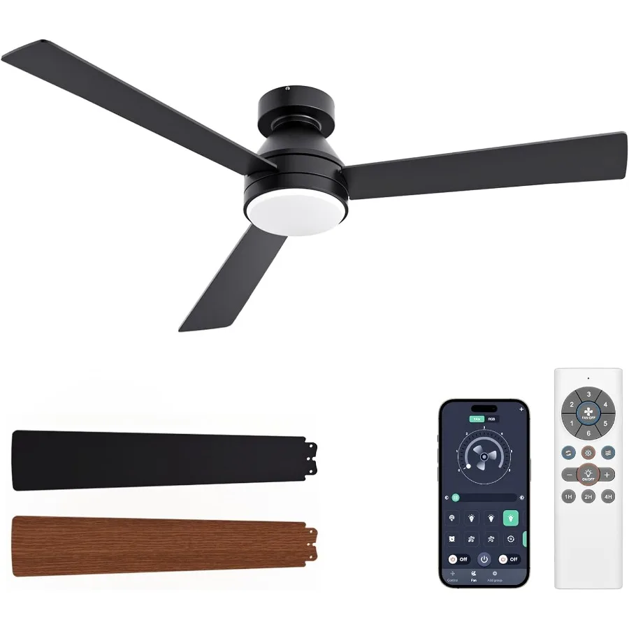 

52-дюймовый низкопрофильный потолочный вентилятор со встроенной подсветкой и дистанционным управлением для использования в помещении и на открытом воздухе Реверсивные лопасти 3CCT Регулируется