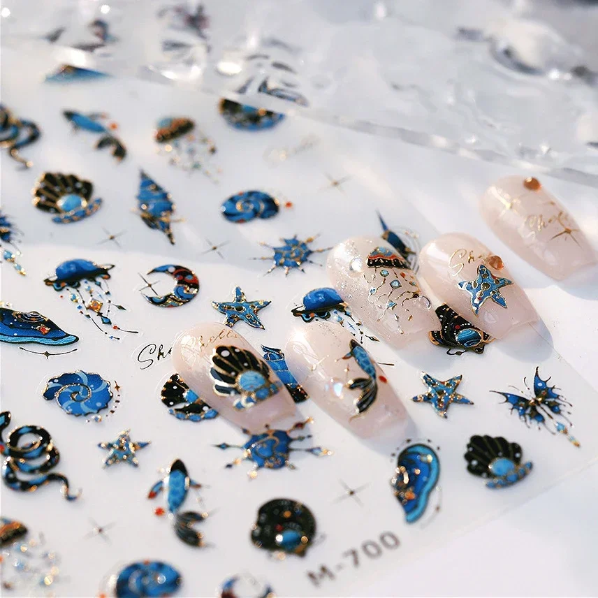 Blue Star Conch Snake Shell Clam Pearl Whale Jellyfish Moon Butterfly Planet Selbstklebende Nagelkunst-Aufkleber, verträumte Maniküre-Abziehbilder