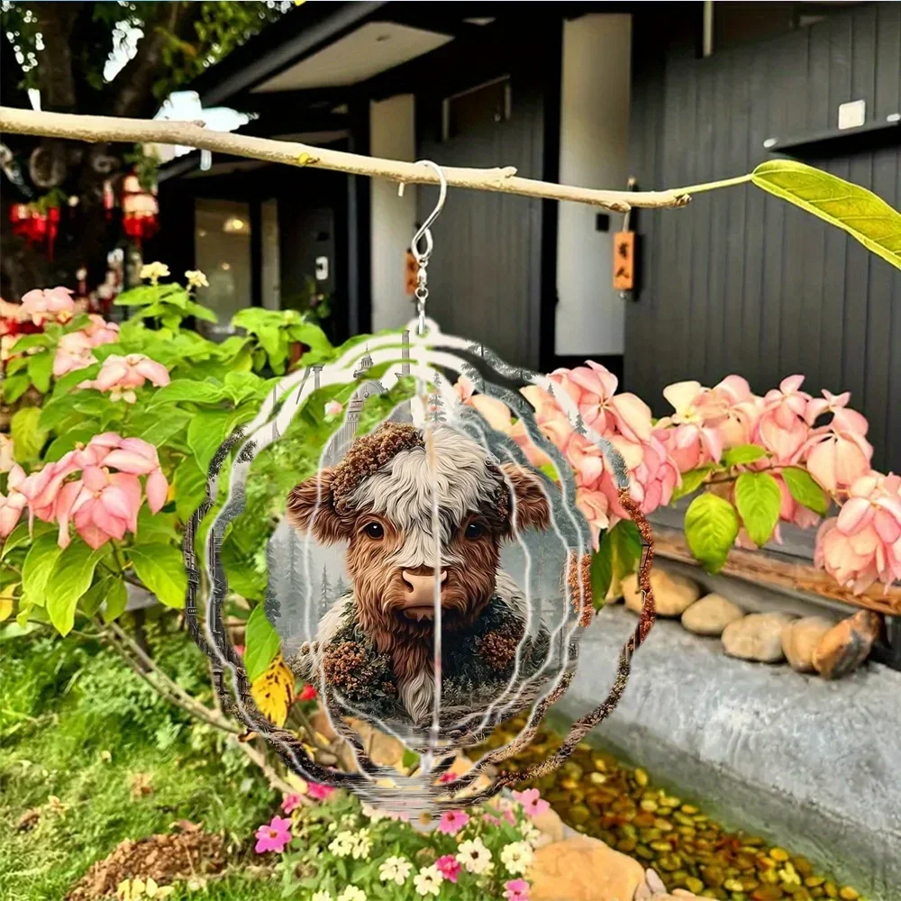 1PC A Stunning Highland Cow Print Metal 3D Spinning Wind Chime with a 360° Rotating Hook Creates a Vibrant Artistic Effect