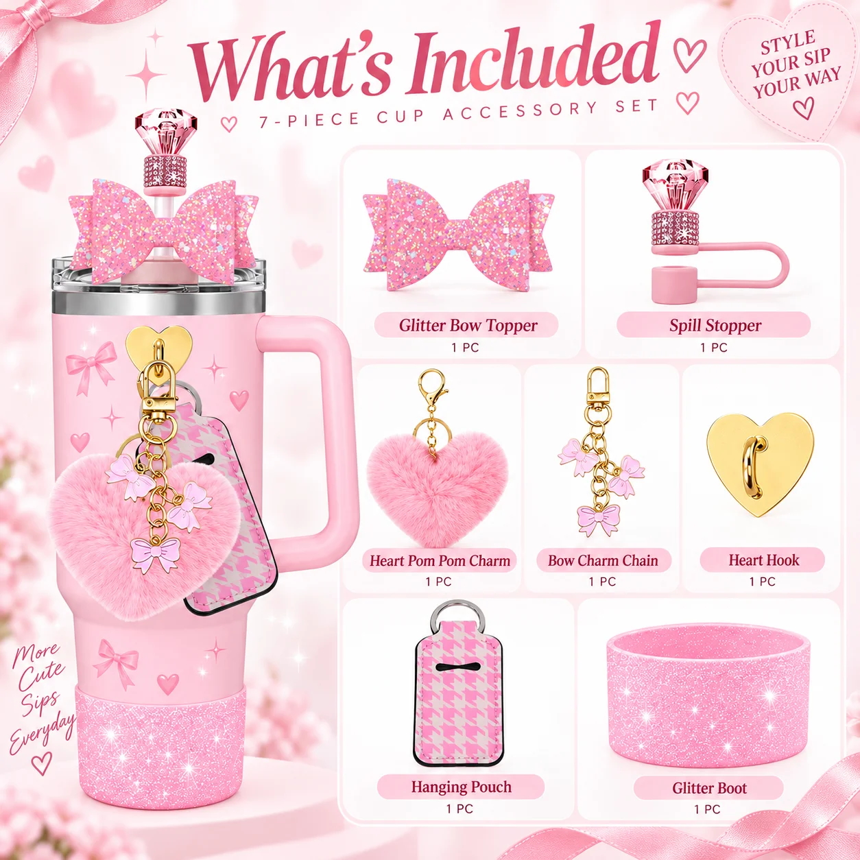 7pcs Tumbler Accessories for Stanley Cup, Cute Bow Straw Topper, Glitter Silicone Cup Boot, Heart Pom Pom Charm, Lipstick Holder