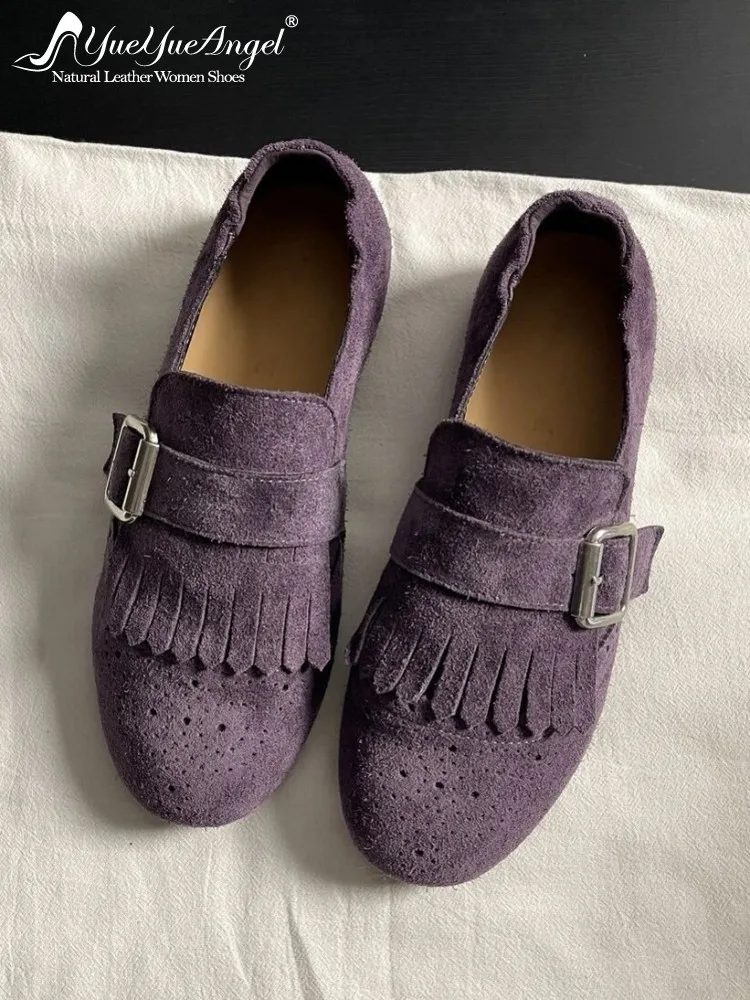 

Office Ladies Genuine Leather Comfortable Flat Shoes Round Toe Vintage Tassel Solid Color Women Daily Casual Cow Suede Loafers