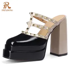 PRXDONG scarpe da donna 2024 sandali estivi di nuova moda piattaforma con tacchi alti grossi nero Beige abito in vera pelle Party Lady 39