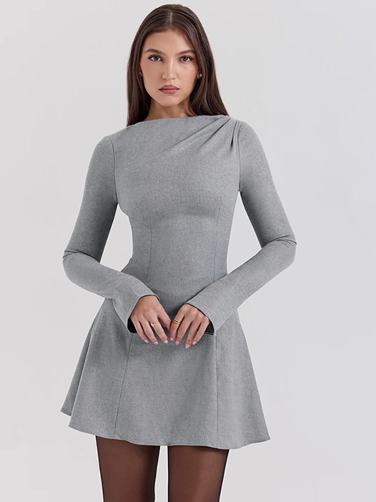 

JULISSA MO Elegant Round Neck Women Dress Black Long Sleeve High Waist Mini Dress Female Autumn A-line Slim Party Clubwear 2024