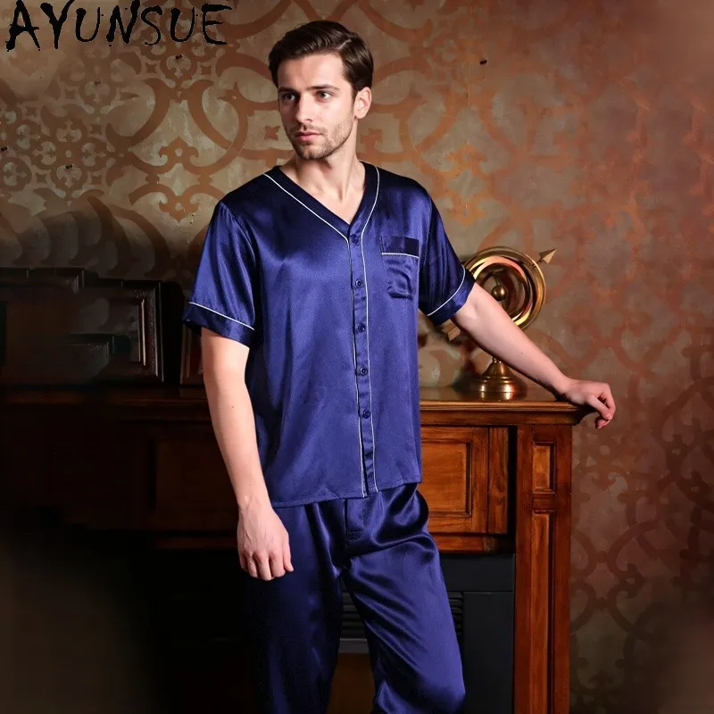 AYUNSUE Natural Mulberry Silk Pajama Sets Sleepwear Men Home Clothes Spring Summer 19MM Silk Shirt Pants Мужская Пижама