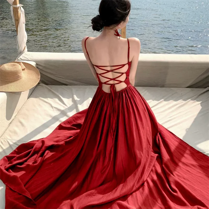 Summer Resort Style Red Hollow-out Lace-up Backless Long Dress Stunning Women V Neck High Split A Line Maxi Suspender Slip Dress
