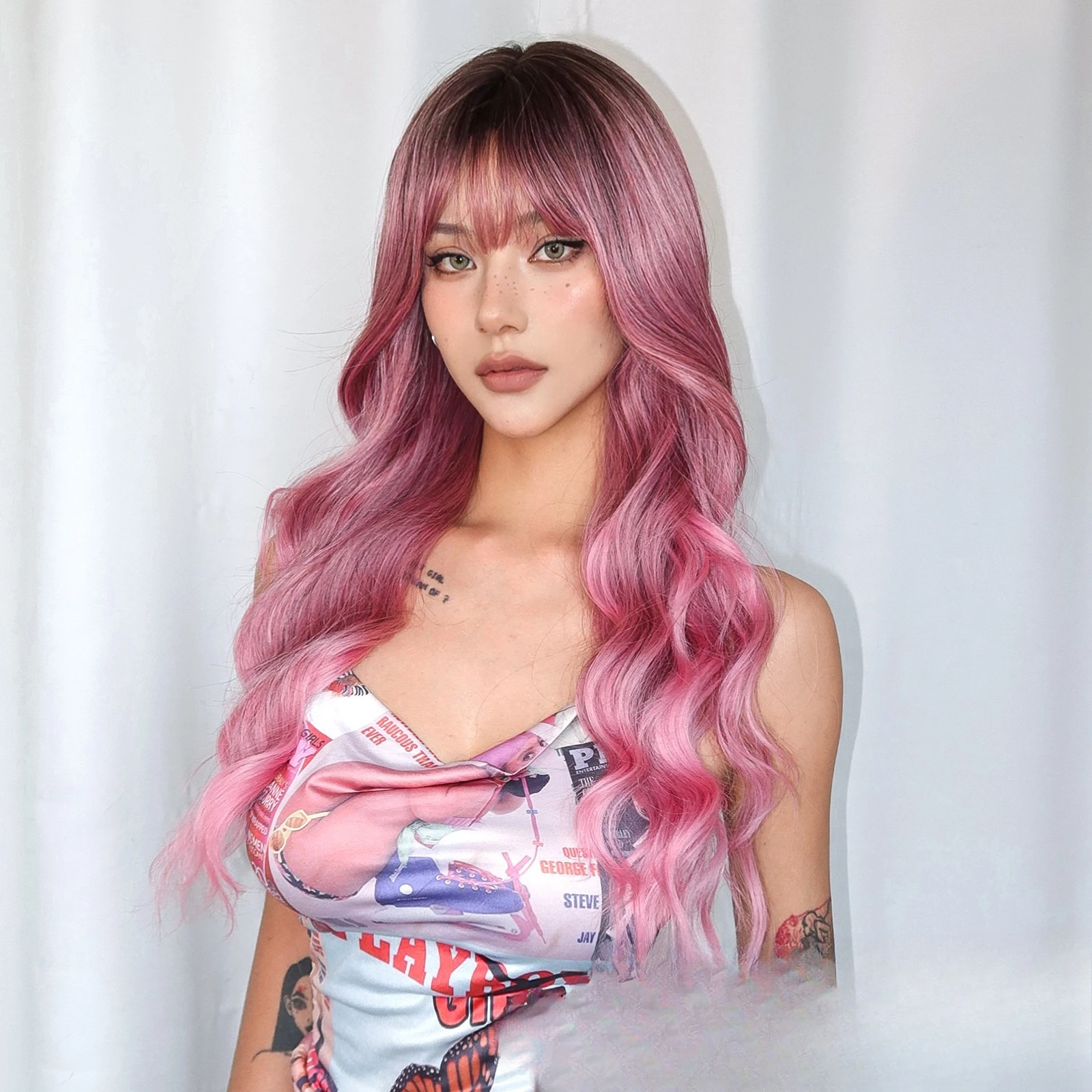 

Wig woman full head curly hair summer bangs gradually pink braid curl full head cover shape long curly hair woman