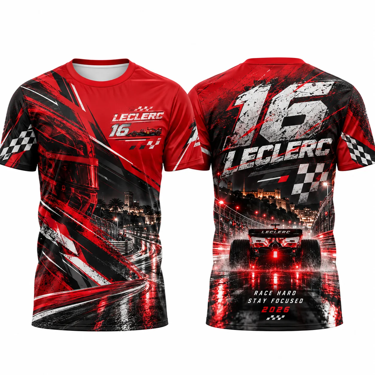 Men Racing No.16 Leclerc Checkered Flag Graphic T-Shirt Motorsport Quick Dry Racing Streetwear Tops Children's Clothing ﻿