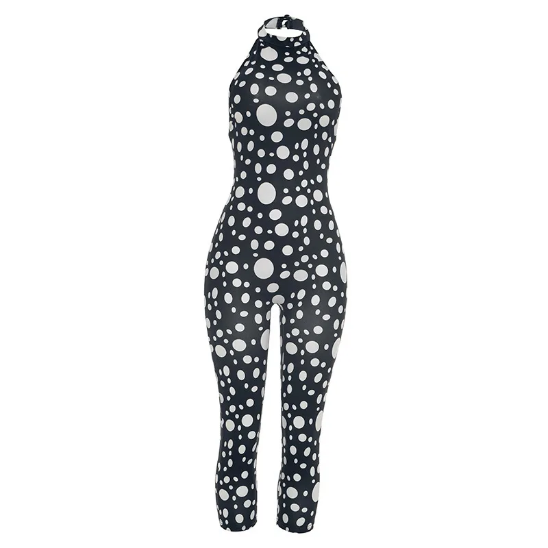 

Summer new polka dot printed hanging neck backless tight fitting jumpsuit