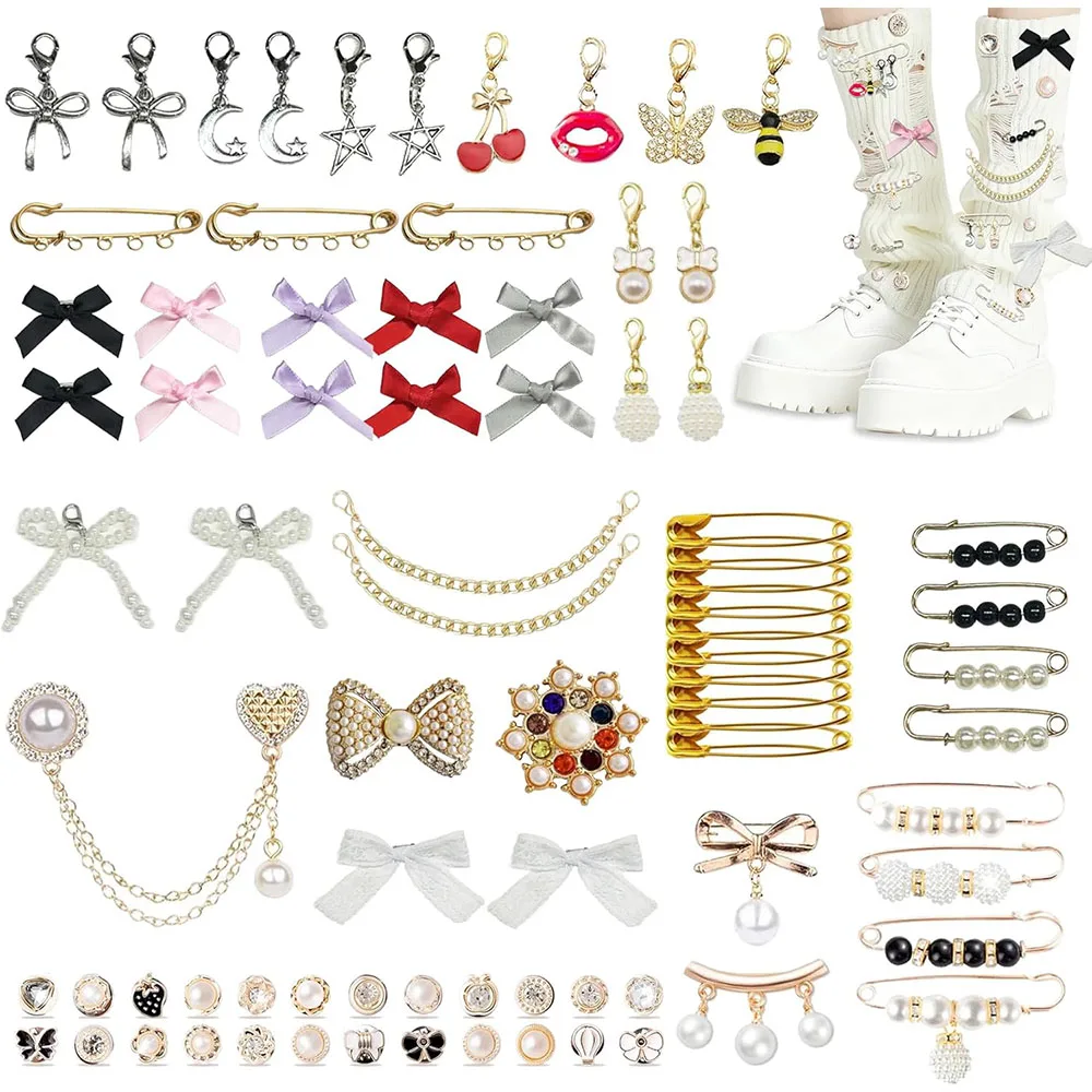

80 Pcs Shoe&Junk Socks Charms Kit,Pearl Rhinestone Gold Bling Brooch Pins, DIY for Decorand Personalizing Socks Hat Bag Clothes