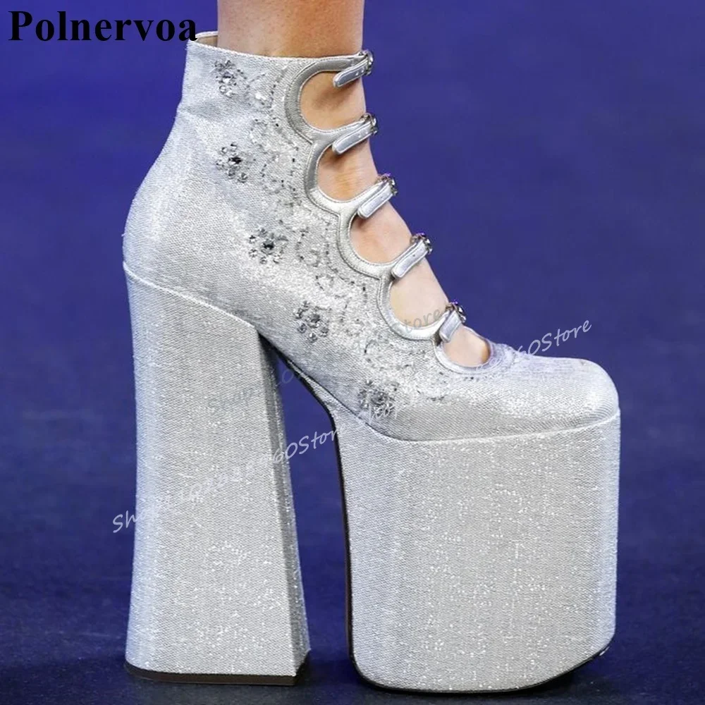 

Silver Thick Sole Platform Buckle Strap Pumps Thick Heel Shoes For Women Side Zipper Round Toe 2025 Fashion Zapatos Para Mujere
