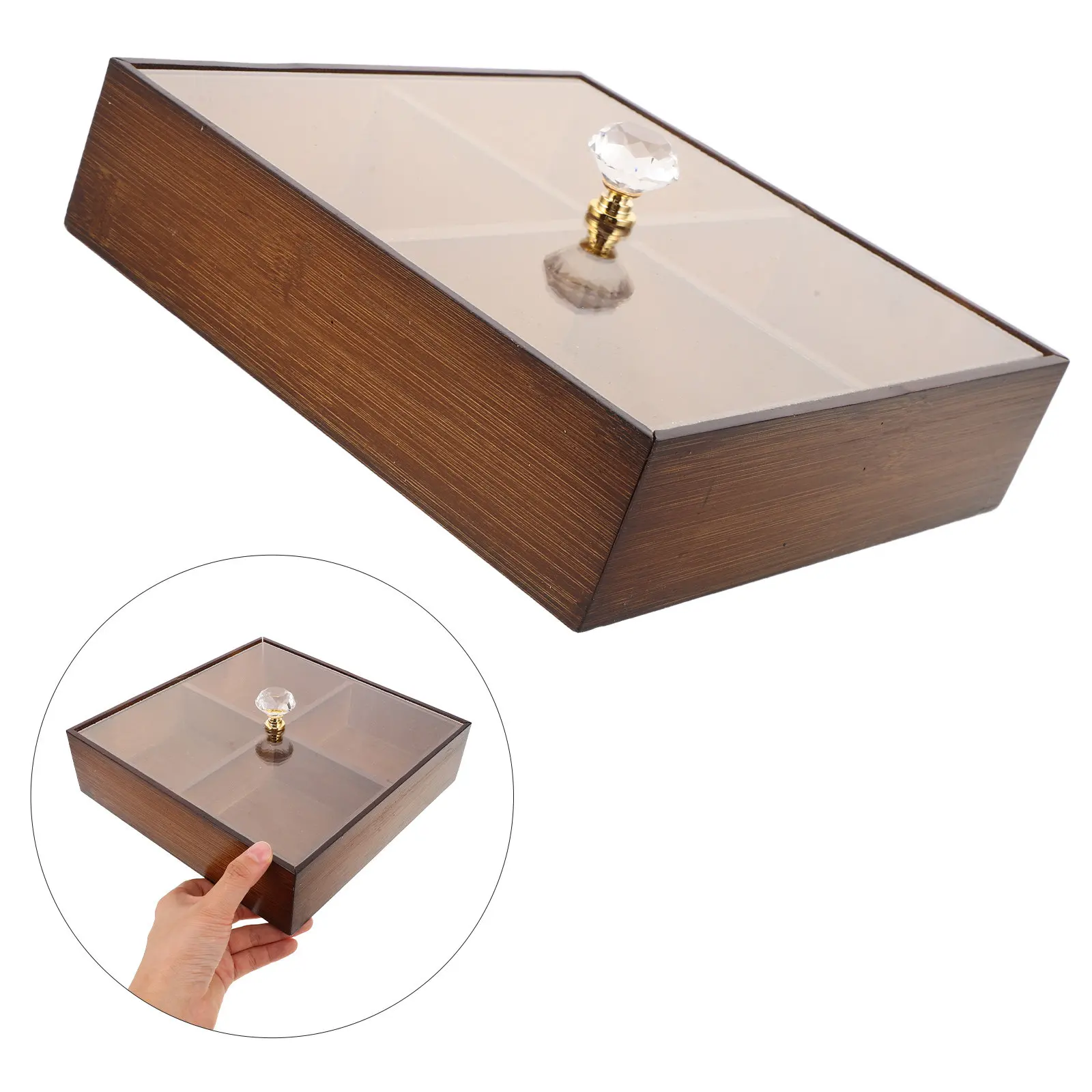 9 Inch Bamboo Divided Snack Tray Acrylic Lidded Storage Box 4 Compartments Preserve Nut Dry Fruit Flavor Pantry Organizer Rustic