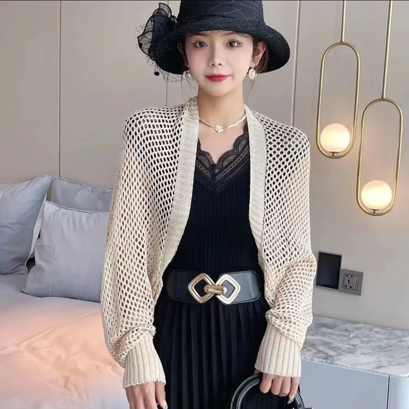 Summer New Long Sleeve Hollow Out Short Tops All-match Solid Color Temperament Cardigan Elegant Fashion Sexy Women Clothing