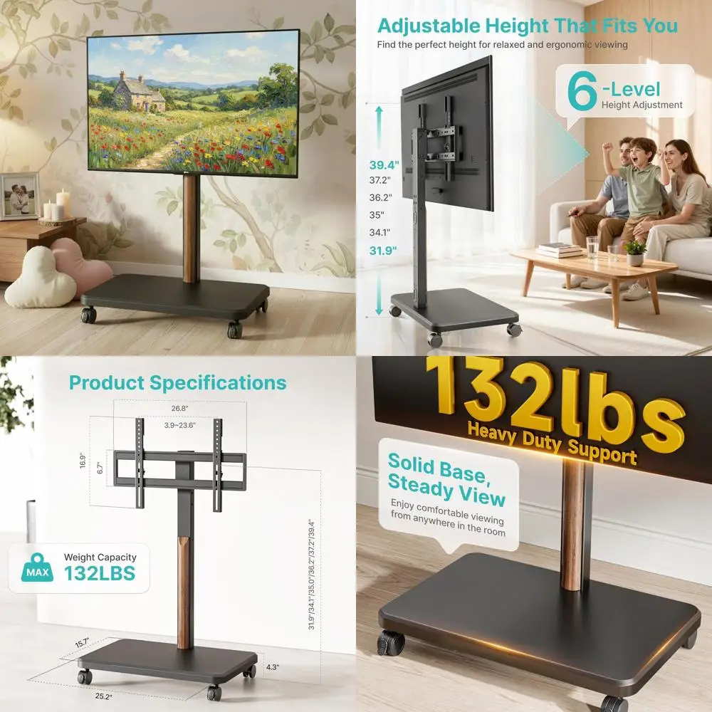 

Универсальная поворотная подставка для телевизоров с диагональю 32-85 дюймов, выдерживающая вес до 132 фунтов, регулируемая мобильная тележка для телевизора для гостиной и спальни, VESA 600x.