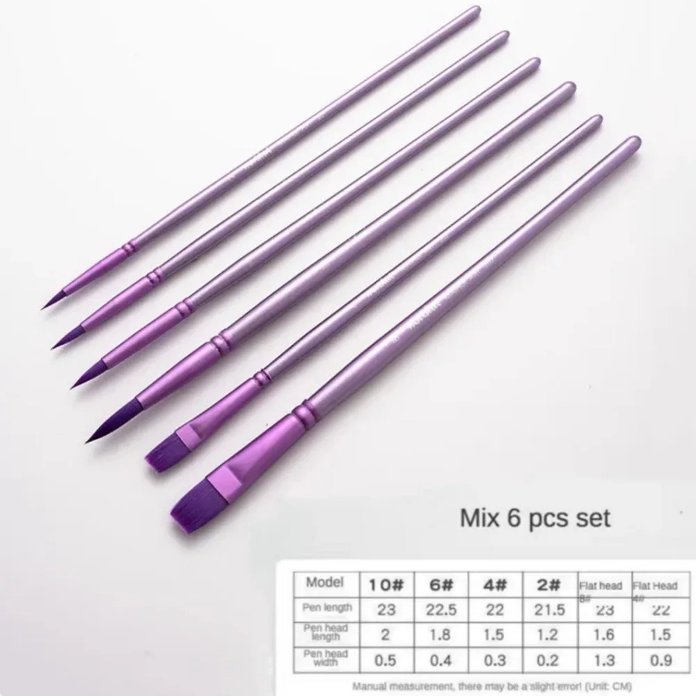 4/6 pcs Pointed Round Flat Head Watercolor Brush Soft Hair Nylon Hand Drawn Watercolor Beginner's Art Student Painting Material