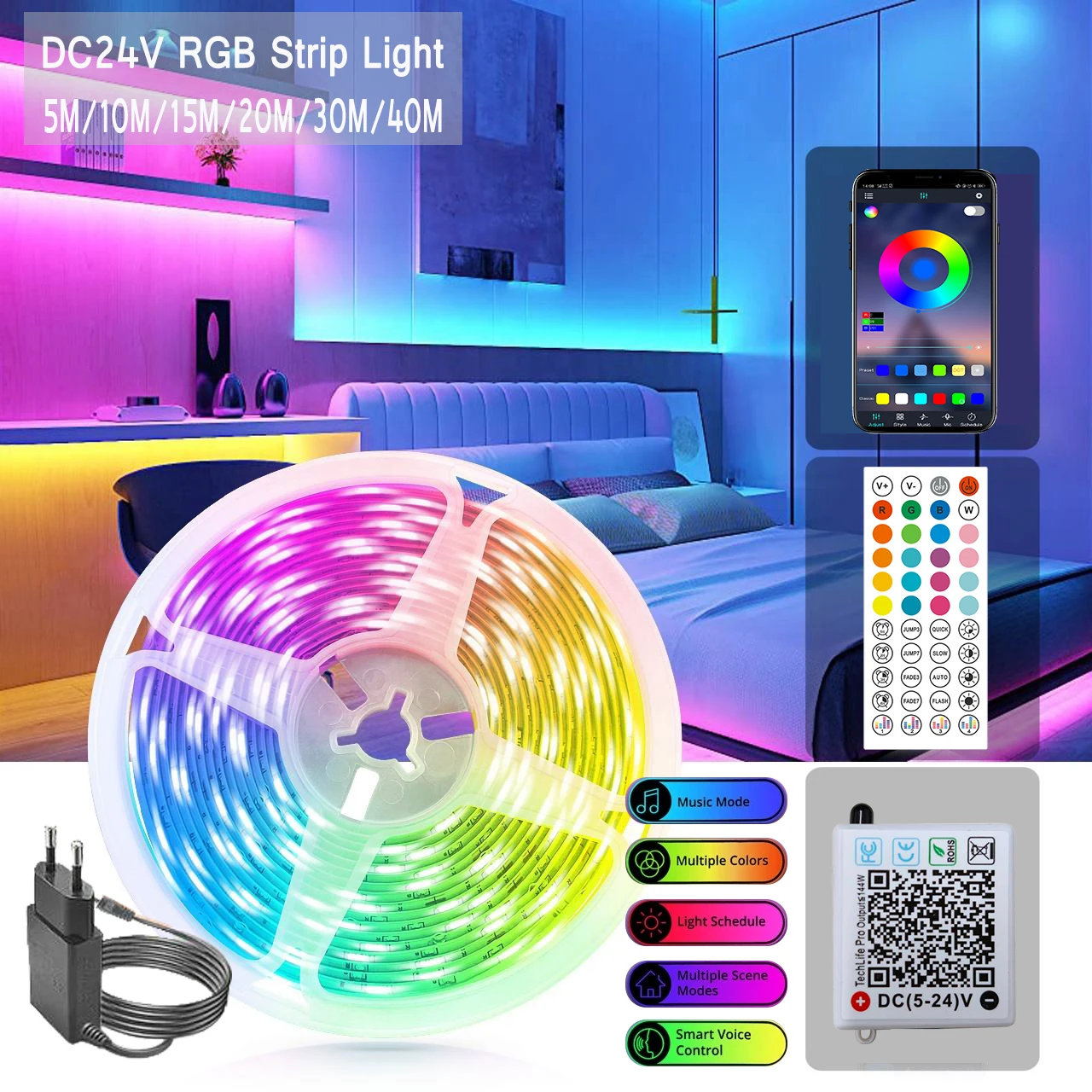 yZ[zDC24V yRGB LEDXgbvCg 10m 20m 30m 40m X}[gBluetoothAvLED RGBe[v Q̉Ƃ̑p