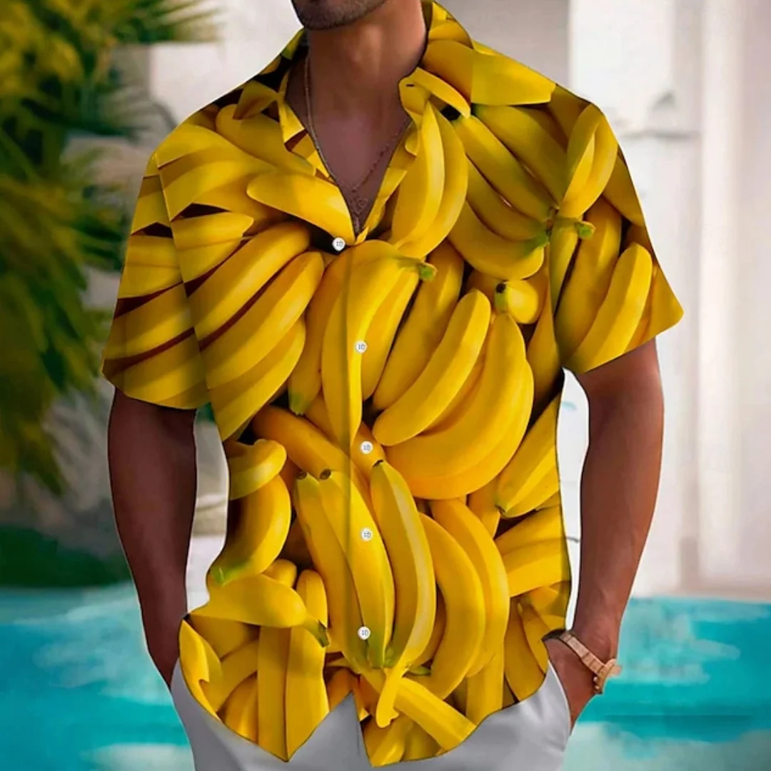 Summer Men's Lapel Shirt Fruit Print Banana Print Beach Casual Fashion Short Sleeve Tops Hawaiian Style OverSize Men's Clothing