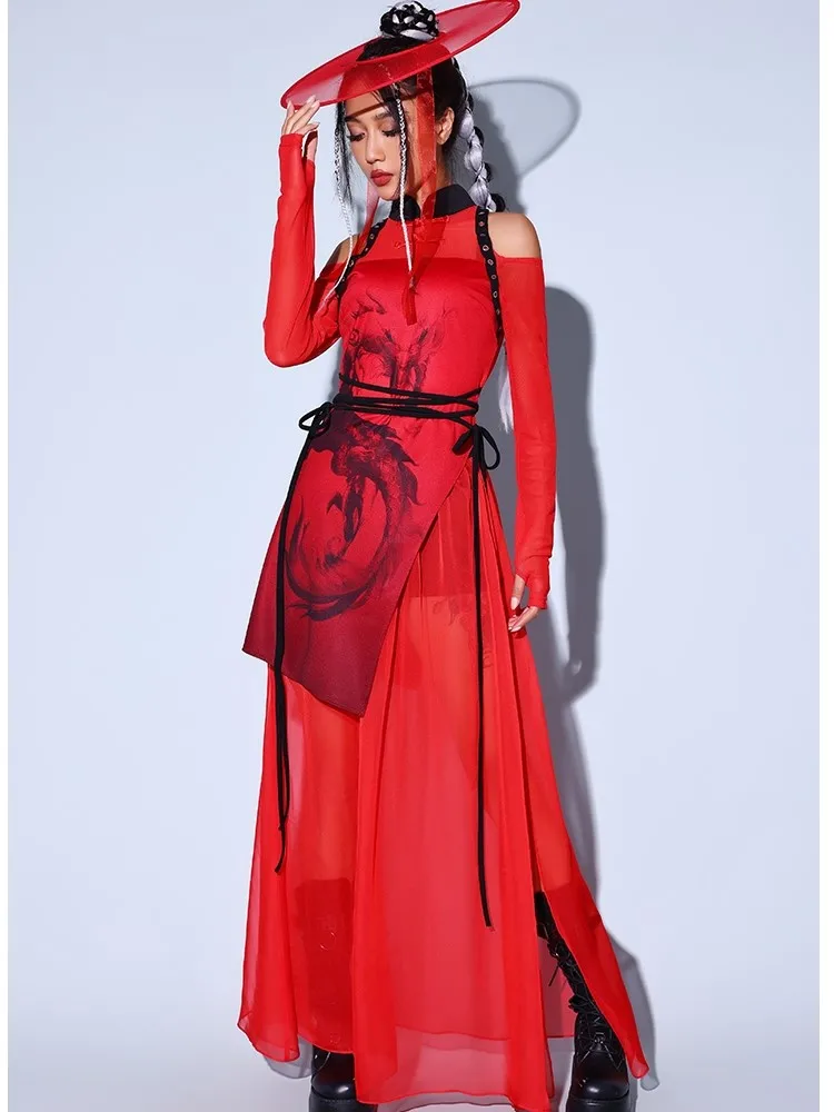 

Jazz Costume Chinese Style Red Fashion Business Show Series Women Group Singing Costume