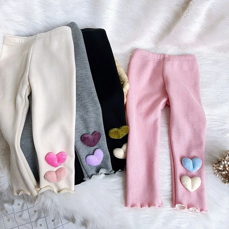 Kids Girls Baby Elastic Fleece Leggings Pants Thick Autumn Winter Plus Velvet Warm Heart Outdoors Trousers