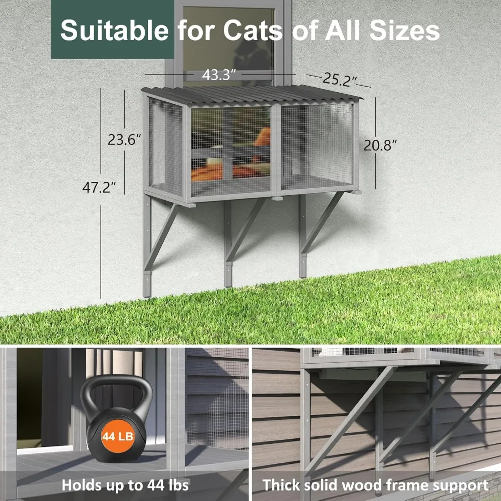 Catio para gatos, poleiro de janela para gatos grandes e internos - para banho de sol, cochilo e olhando, rede de janela de madeira para enjo com segurança