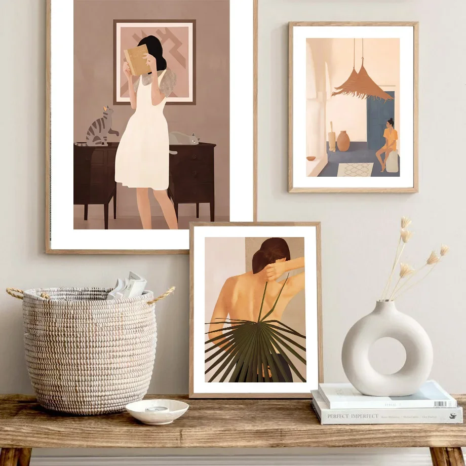 1pc frameless Canvas Painting 1pc frameless Canvas Painting Minimalist Boho Female Wall Art Neutral Abstract Woman Plant Prints