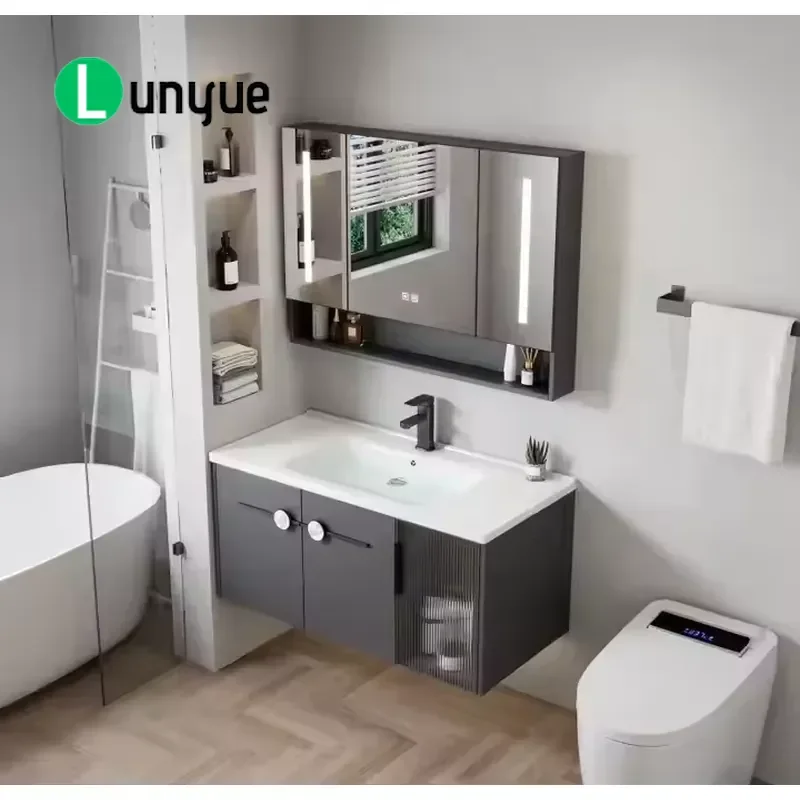 Chinese Modern Style Black Rectangular Wall Mounted Bathroom Cabinet Durable Eco Friendly Wood Sink Vanity Easy Installation