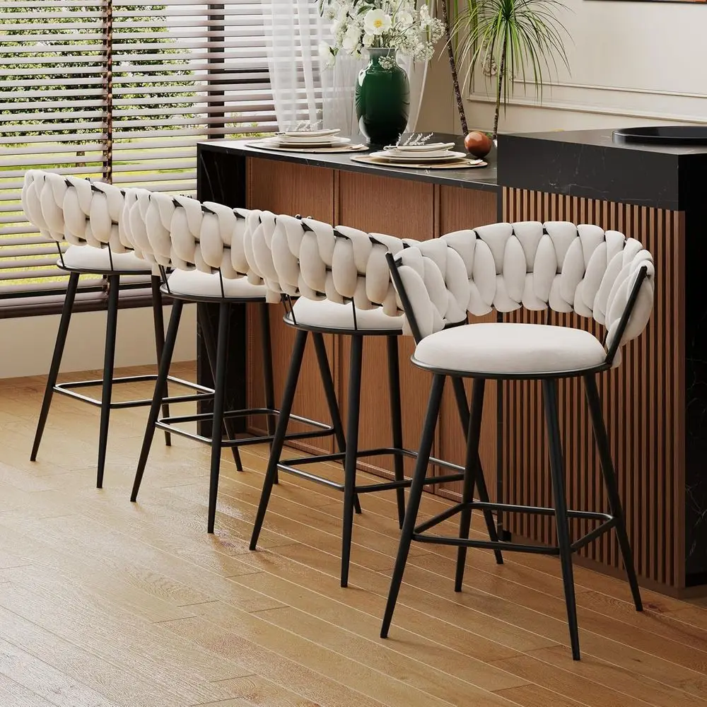 Set of 4 Velvet Bar Stools, Upholstered Woven Counter Height with Back, Ideal for Kitchen Island, Dining Room - Ivory