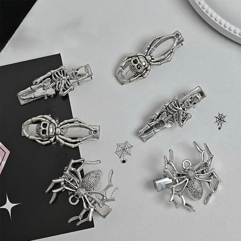 2pcs Set Retro Design Skull Spider Alloy Hairpin Personality Punk Lady Bangs Side Clip Duckbill Clip Dress Up Hair Accessories