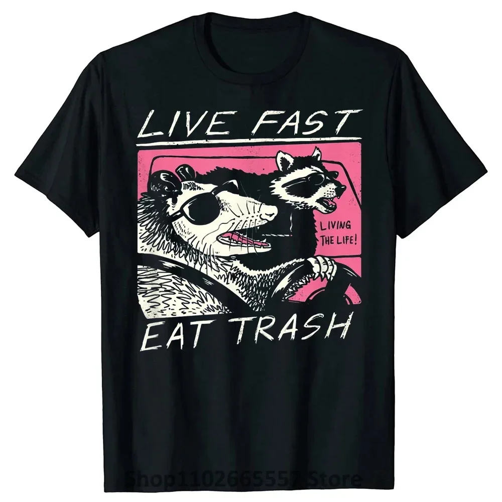 

Live Fast Eat Trash Opossum t-shirt uomo donna 100% cotone Plus Size o-collo Harajuku oversize Streetwear Casual Unisex Tees