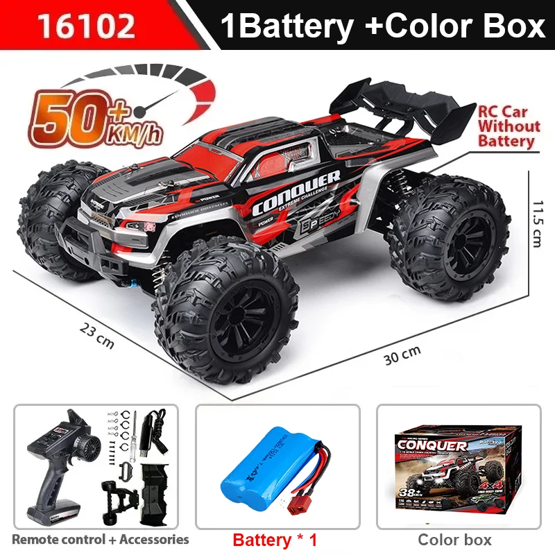 LOCAL + 1/16 Raceauto 4WD Hoge Snelheid 50 KM/H Bestuurbaar Auto met LED Hoge Snelheid Monster 4x4 Truck Kinderspeelgoed