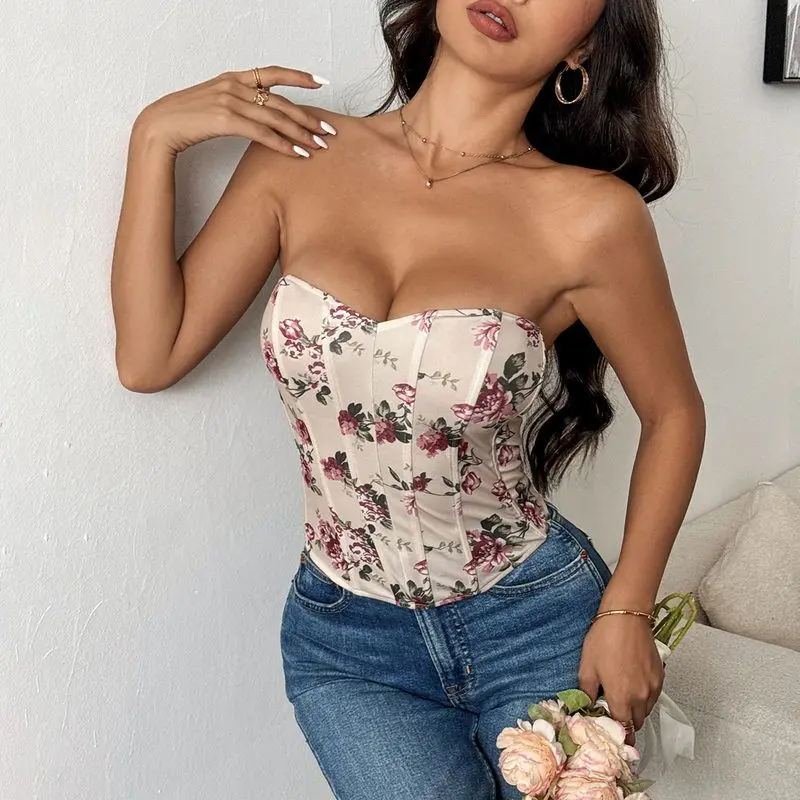 Seksowna, pikantna dziewczyna, głęboki dekolt, kwiatowy wzór, wiązanie na biuście, diamentowy fibone, wyszczuplający talię, kamizelka ort L0033, transgraniczny nadruk, Ladi...