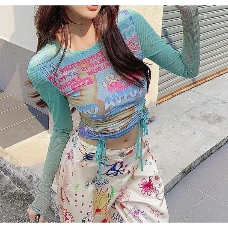 

Cartoon Letter Print Mesh Shirt Long Sleeve Shirt Women's Summer Pleated Slim Sexy Y2k Harajuku Japanese Drawstring Vintage Top