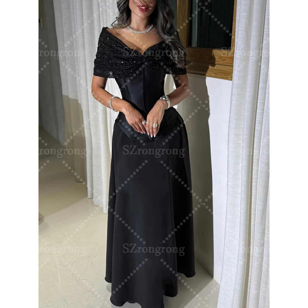 

Custom Made Black Off Shoulder Beading Formal Evening Gown Bridal Maxi Length Backless Draped Saudi Arab Dress Vestidos de
