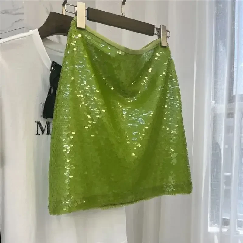 Mini vestido de malha com zíper de lantejoulas feminino, Verde, Luxo, All-in, Festa, Verão, Novo