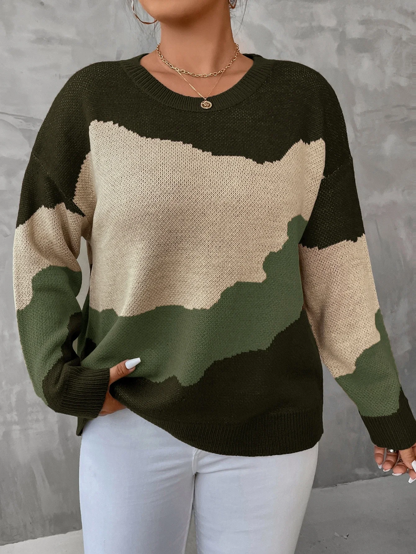 

Colorblock Drop Shoulder Knit Sweater Pullover Autumn Winter