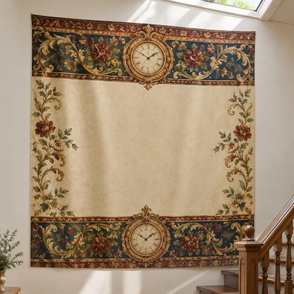 VIKAMA Vintage European Clock Tapestry Wall Hanging, Aesthetic European Room Decor Tapestries for Living Room Bedroom Office