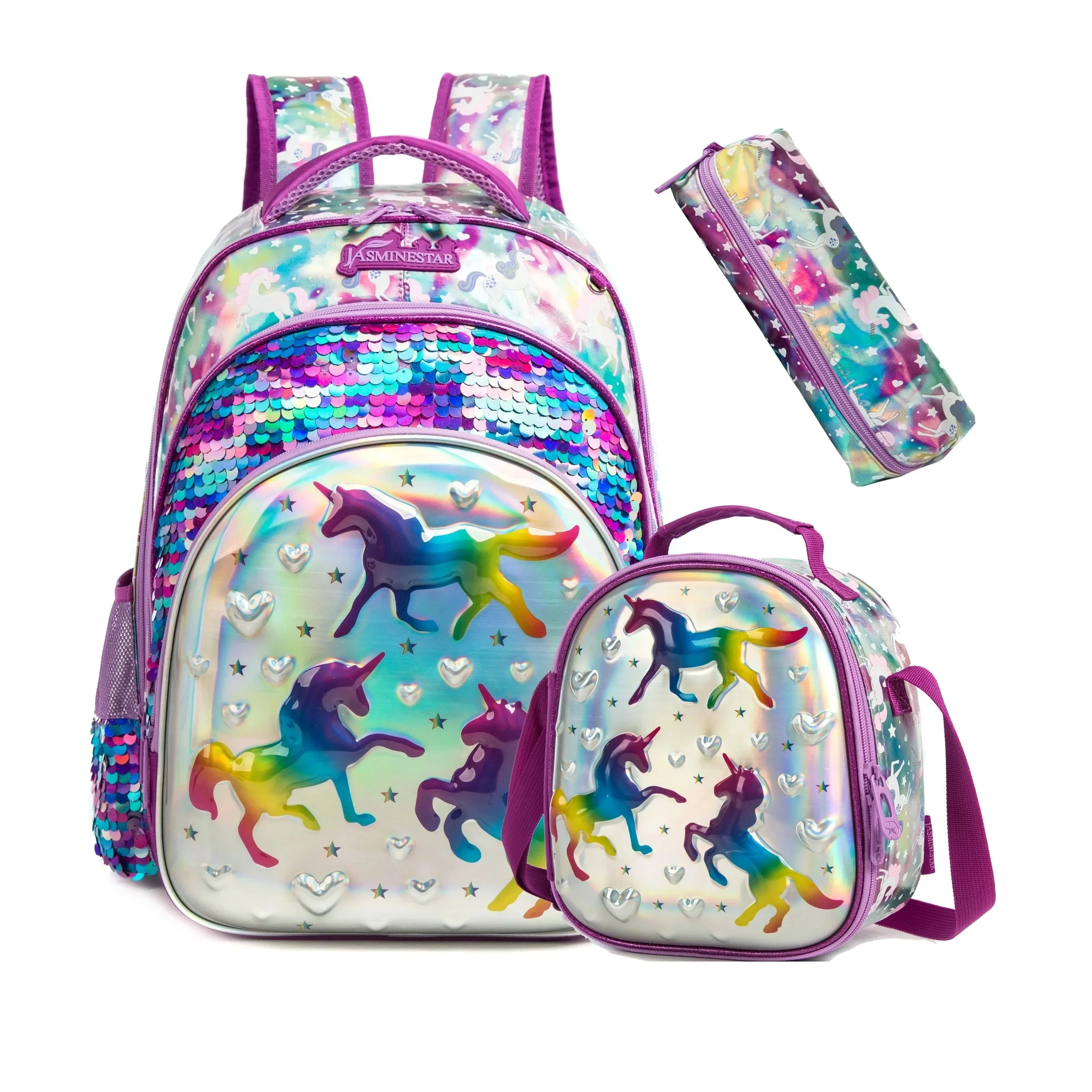 

New School Bags for Girls 16 Inch Backpacks for Primary Children Sequin Backpack with Lunch Box Bag for Kindergarten Mochila