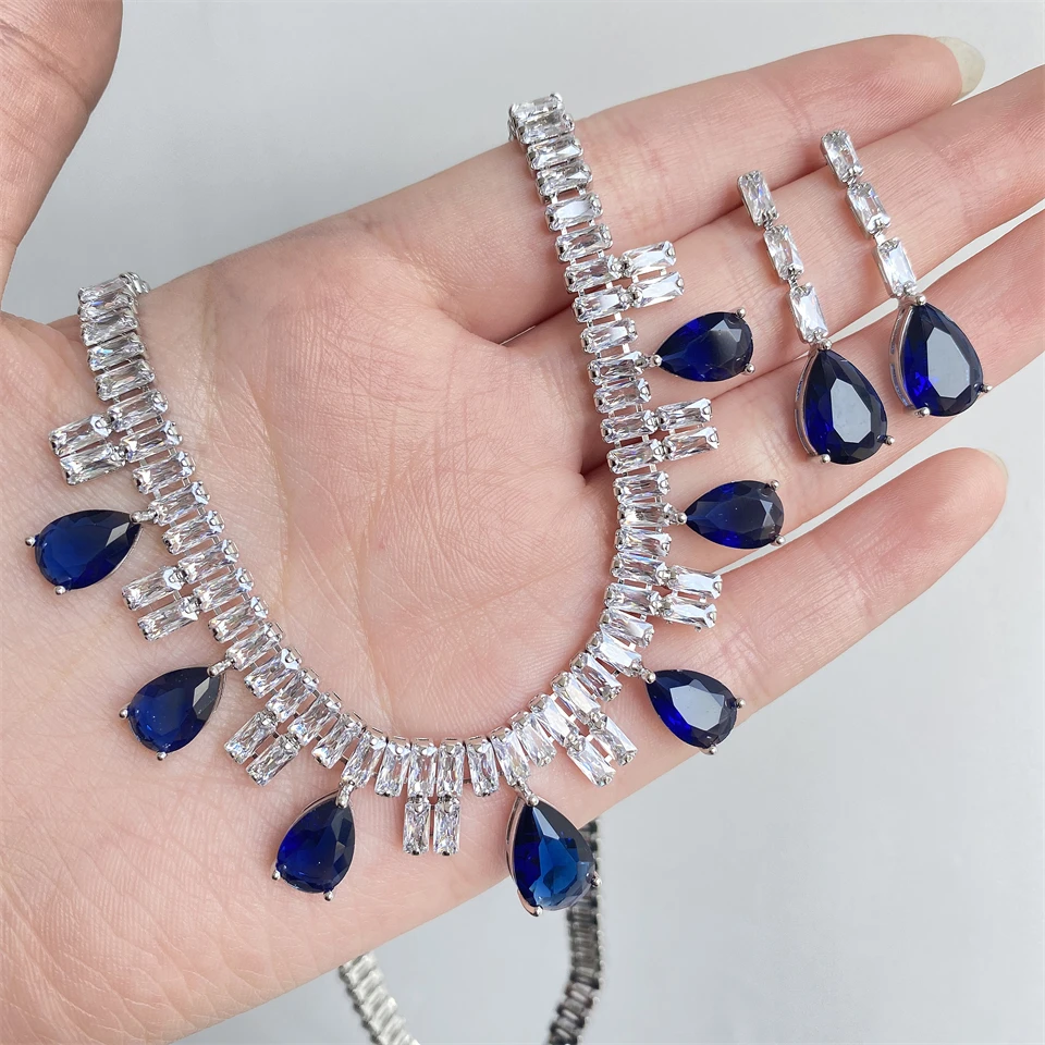 ZAKOL Funkelndes AAA-Kubikzirkonia-Set mit großen Wassertropfen-Ohrringen und Halskette, luxuriöser Brautschmuck für Hochzeiten und Partys – Detail 6